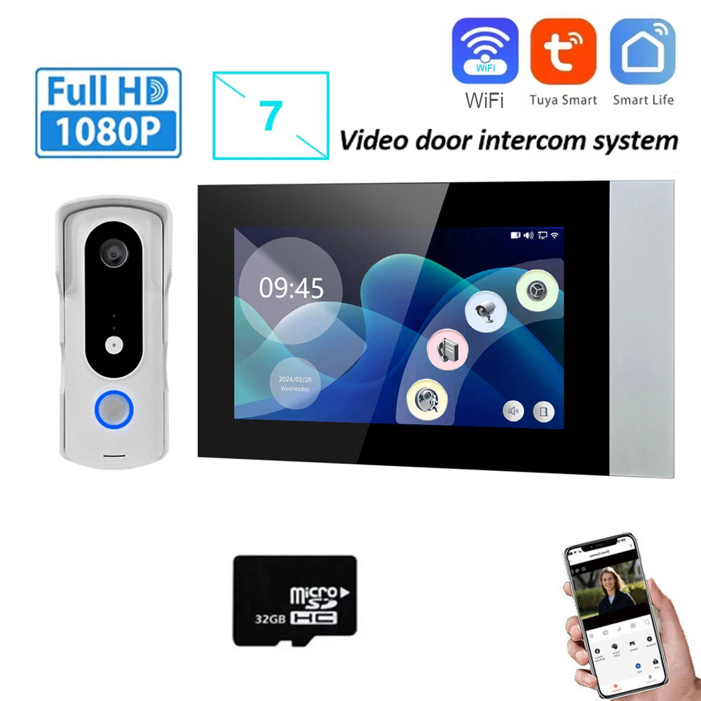 New 2 Wire Video Intercom System 7\'\' Color Touch Screen Tuya Wifi 1080P  Rainproof Call Panel IR Camera for Home Villa Building