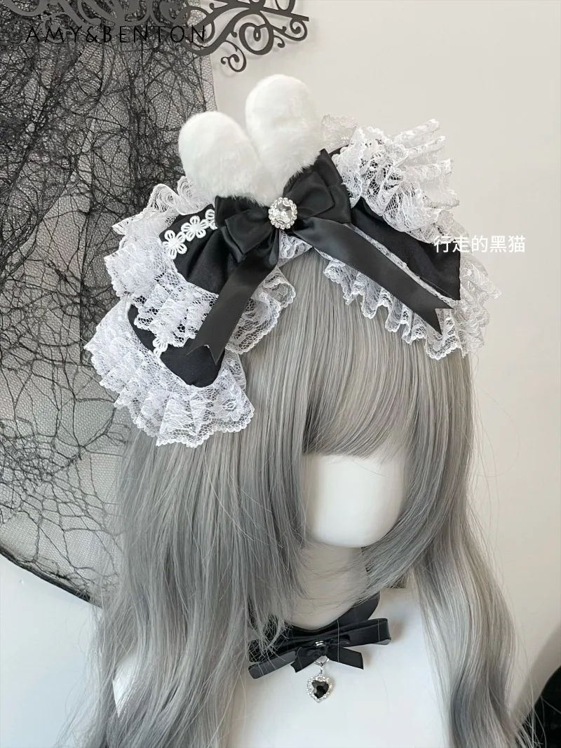 

Original Bunny Bow Lace Heavy Craft Retro Lolita Hair Accessories Headband Japanese Sweet Cute Rhinestone Girl Hair Accessories