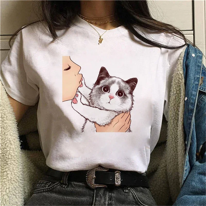 Summer Women Cotton T-shirt Kiss A Cute Cat Printed Tshirts Casual Tops Tee Harajuku 90s Vintage White Tshirt Female Clothing