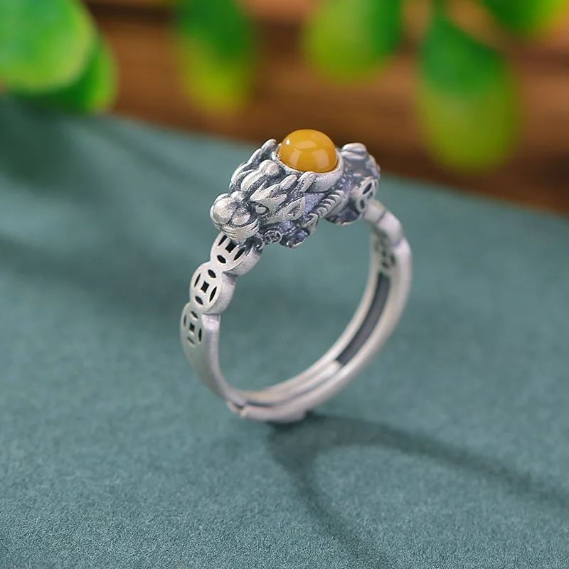 S990 Silver Amber National Trend Pixiu Coin Round Bead Elegant Finger Ring
