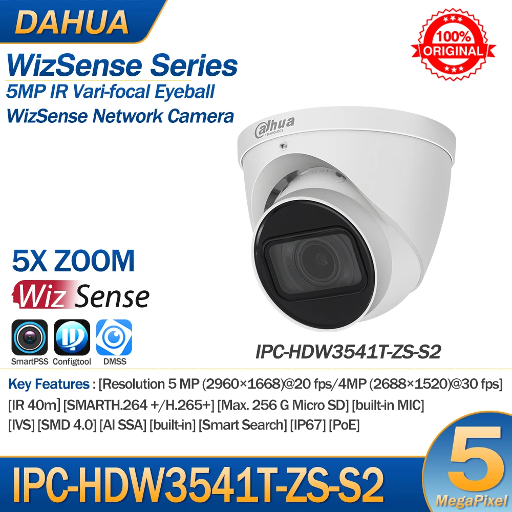 Dahua 8MP WizSense IP Camera IPC-HDW3841T-ZS-S2 5MP IPC-HDW3541T-ZS-S2 5X Zoom Motorized Built-in Mic POE SD Card Slot Alarm 60M