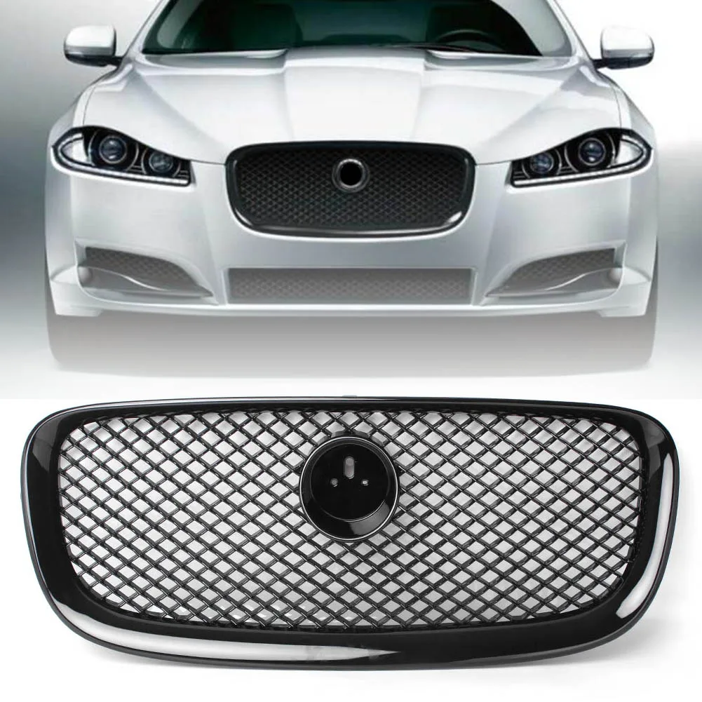 

Car Front Bumper Upper Grille Mesh Grill W/ Emblem For Jaguar XF XFR X250 2012 2013 2014 2015 Glossy Black