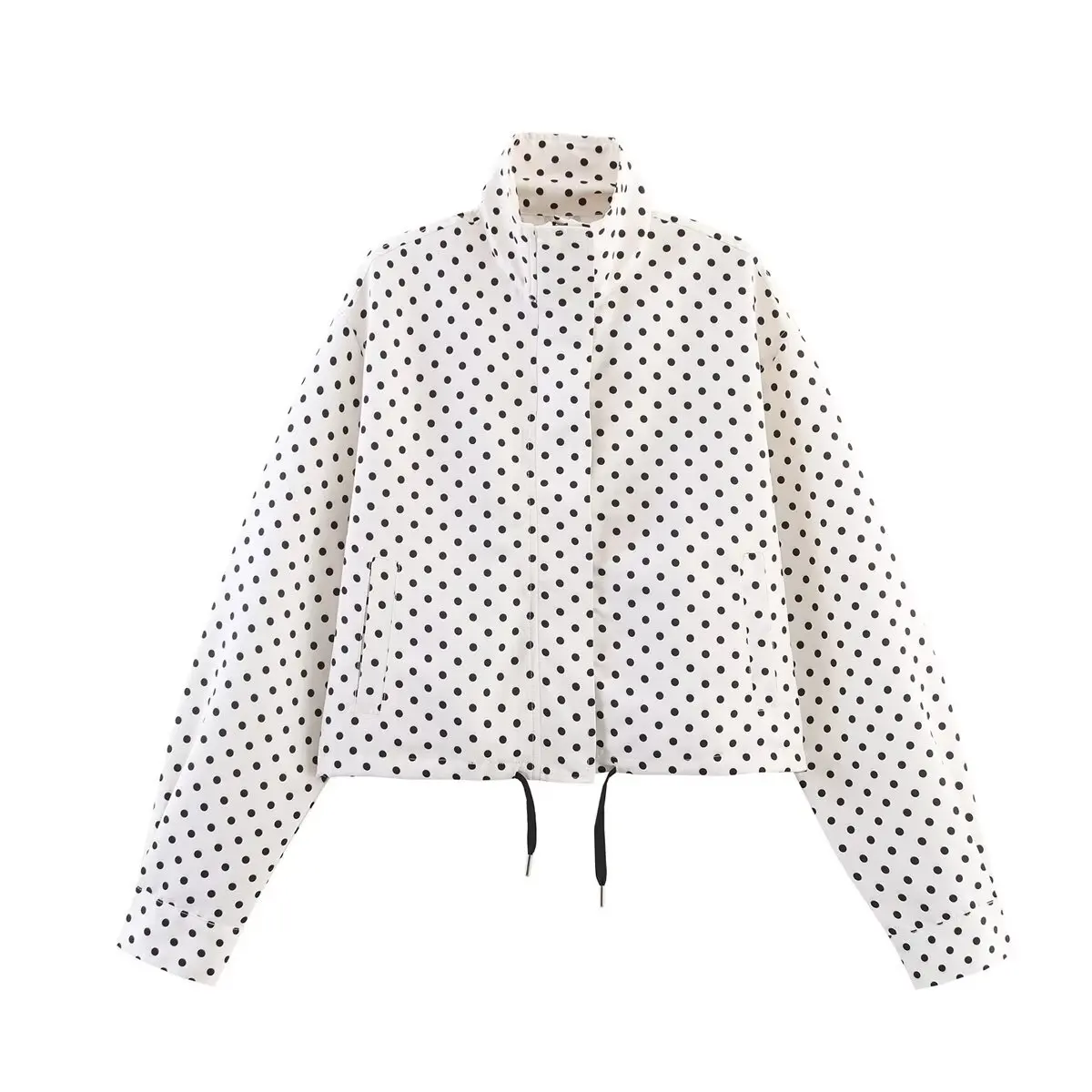HH Mode Dames Polka Dot Print Korte Jassen Herfst Lange Mouwen Coltrui Rits Met Zakken Trekkoord Casual Jas - afbeelding 2