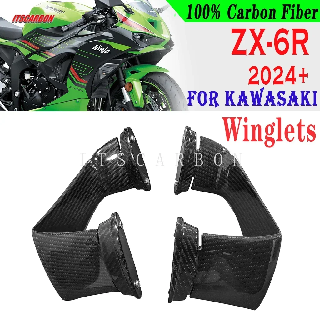 Real Carbon Fiber For Kawasaki ZX6R ZX-6R 636 2024 Pure Wing Wings Fairing Front Aerodynamic Spoiler Winglets  Accessories