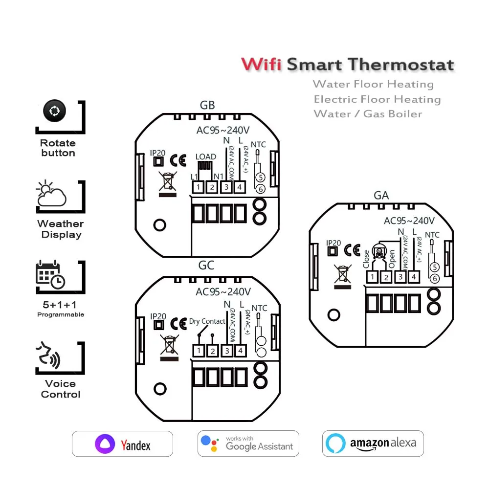 Thermoregulator for warm floor GA/GB/GC for Water Heating/ Electric Heating/ Gas Boiler Heating，tuya wifi Programming thermostat