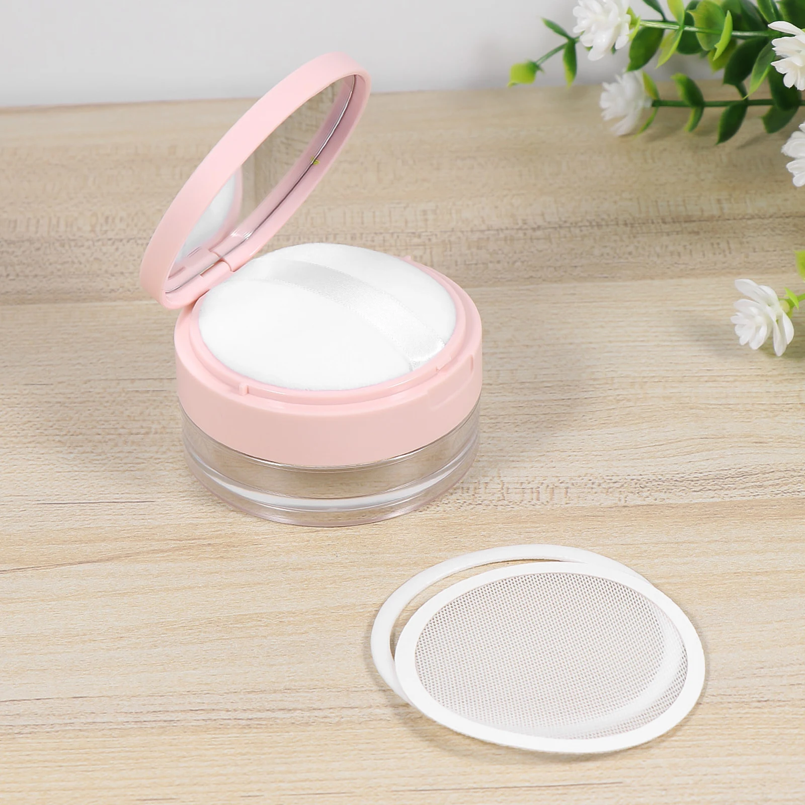 

2Pcs Powder Container Portable Durable Double Layer Mirror Leak Proof Loose Box Travel Makeup Case Holder Compact