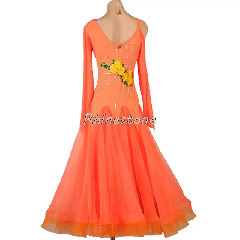 Orange Modern High-end Diamond Attached Performance Competition Uniform National Standard Waltz Dance Dress