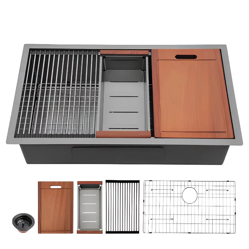 SUS304 stainless steel kitchen sink, single slot embedded design, with a variety of functional accessories.