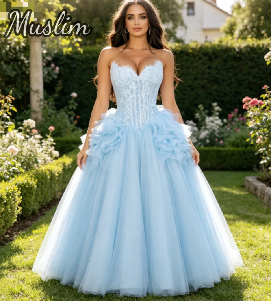 Vestidos de Quinceañera Azul Celeste 2026, Elegantes con Volantes 3D, Tul Abullonado, Largos hasta el Suelo, Estilo Princesa para Ocasiones Formales