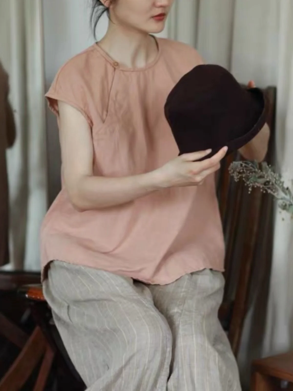 중국 스타일 라운드 넥 코튼 린넨 여성 여름 예술적 컬러 심플 오버헤드 얇은 탑