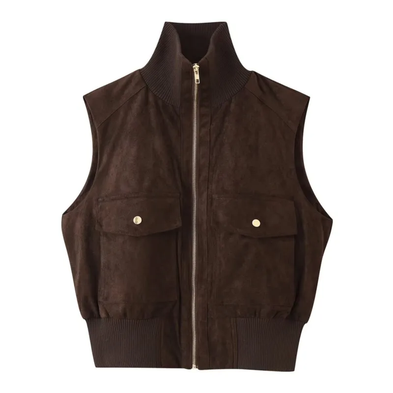 Women's Autumn Suede texture effect vest New Stand Colllar Sleeveless Zipper Waistcoat Casual Fashion Female Vintage Vests