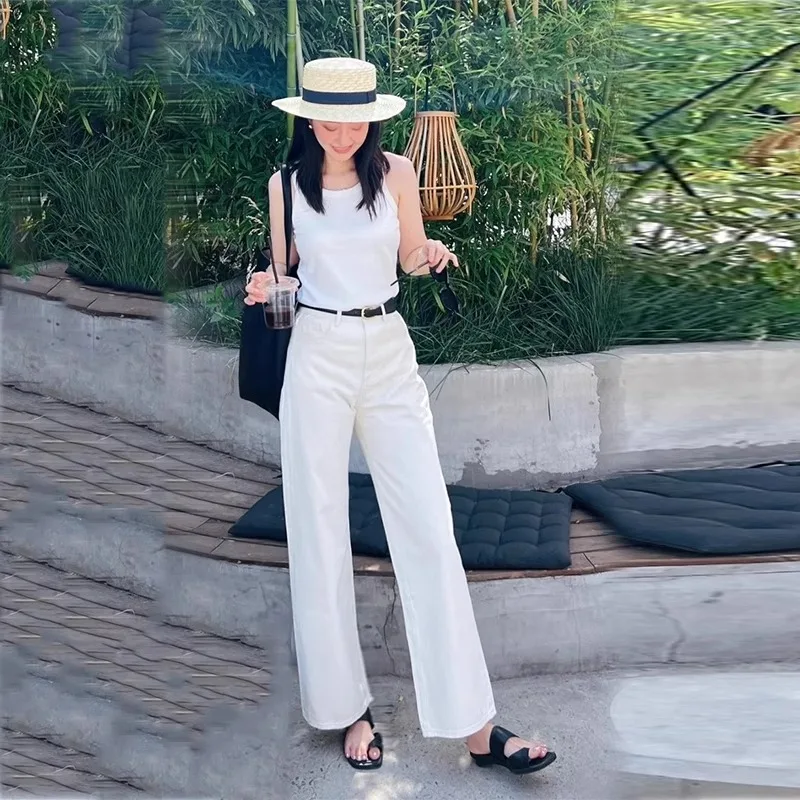 Vaqueros blancos de pierna ancha para mujer, plones hoados de cintura alta, ajustados, sensación avanzada, no transpare...