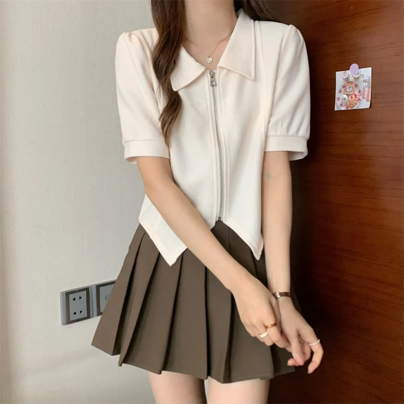 Niche Design Sense Solid Irregular Short Sleeved T-shirt Women Lapel Patchwork Zipper Fashion Summer Simple Sweet Casual Tops