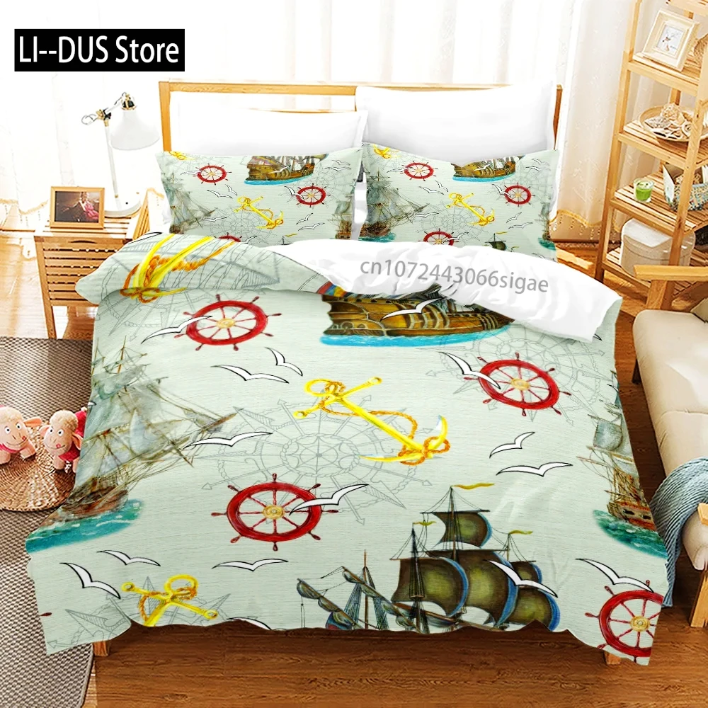 Nautical Pirate Duvet Cover Set Sailboat Theme Bedding Set Palm Tree Island Treasure Hawaiian Beach Cartoon Comforter Cover Full