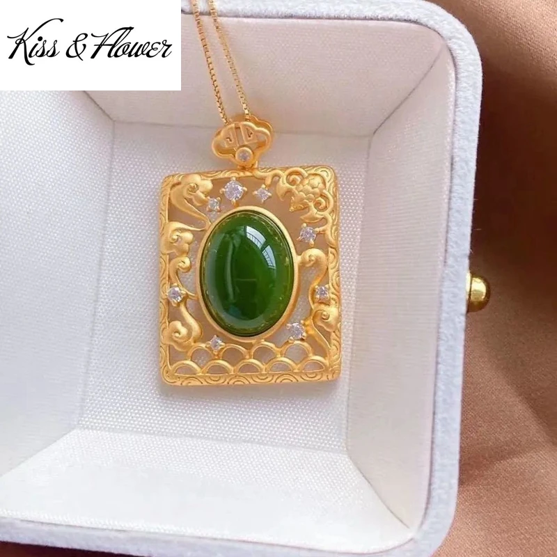 

KISS&FLOWER NK280 Fine Jewelry Wholesale Fashion Woman Bride Mother Birthday Wedding Gift Square Oval Jade 24KT Gold Necklace