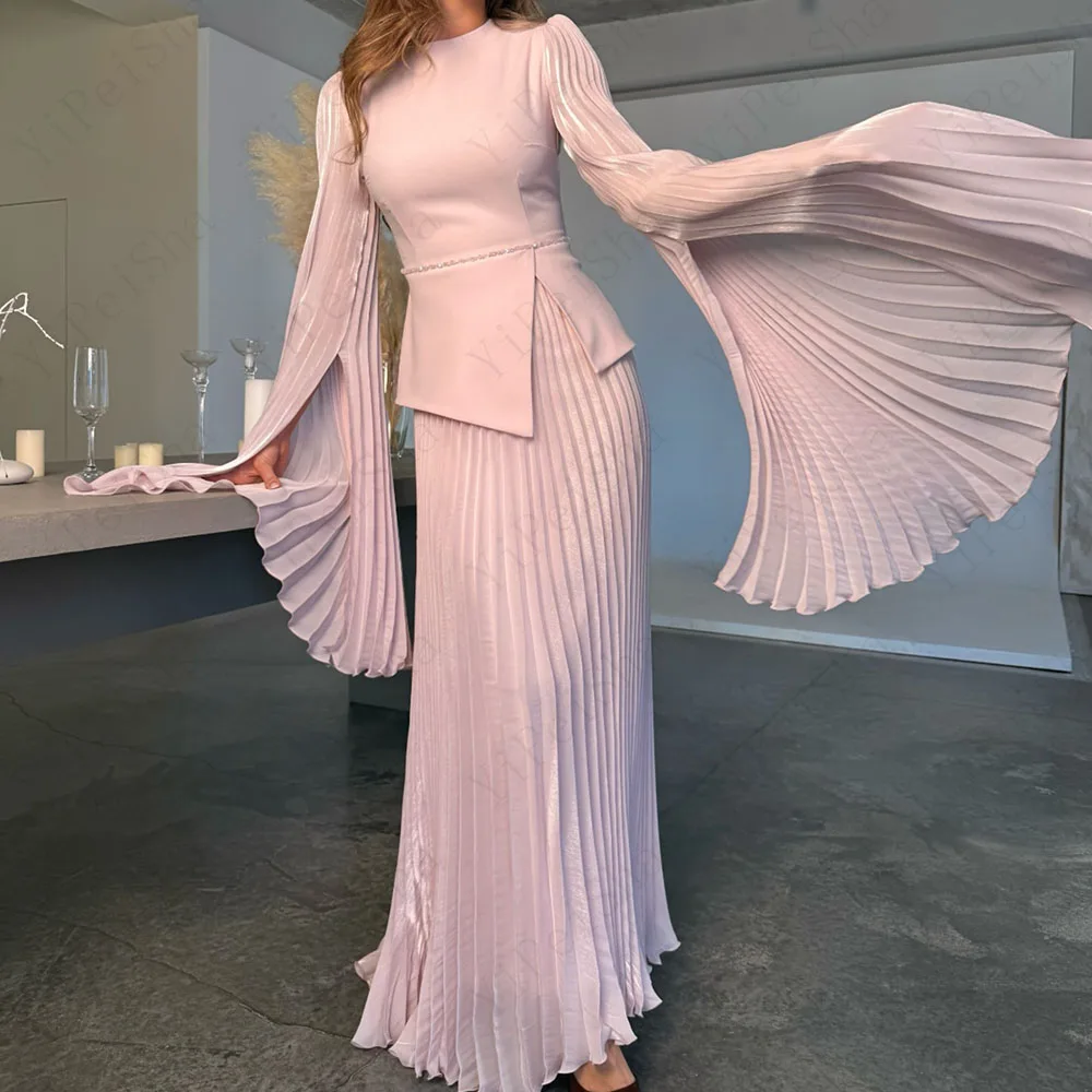 

Customized A-line Evening Dresses Floor-length O-neck Full Sleeve Prom Gown Simple Fashion Sequined Pleat Draped Party Gown