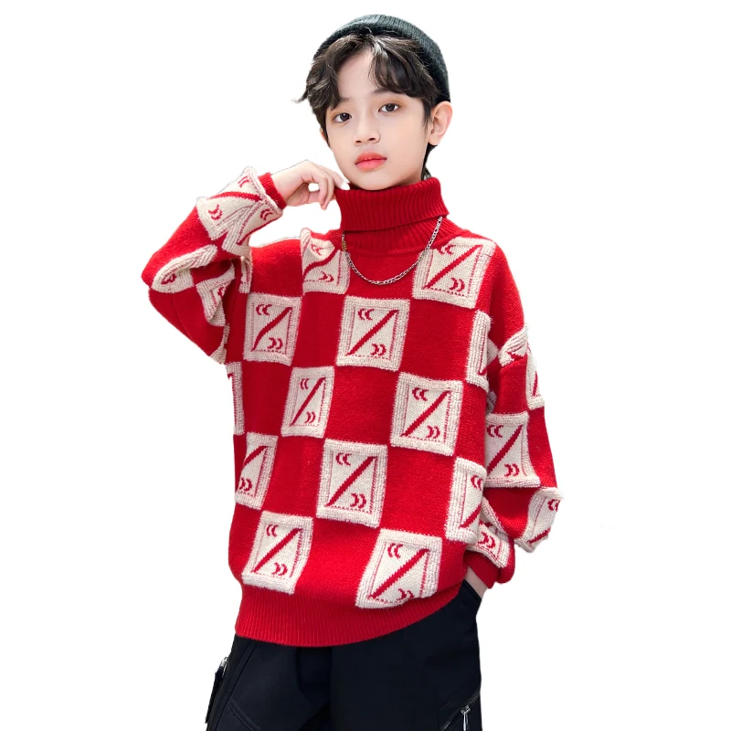 

High Quality Luxury Boy Turtleneck Plaid Sweater For Children Fashion Knitwear With High Collar Knitted Spring Clothing For Kids