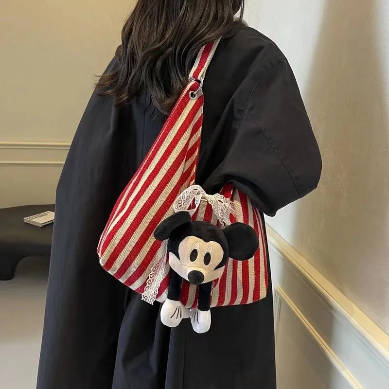 

Cute cartoon Mickey striped canvas bag for women 2024 new large capacity versatile shoulder bag casual tote bag