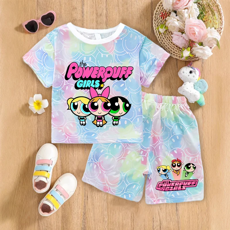 The Powerpuff Girls Sets Summer Breathable Sport Casual T-Shirts Tracksuit Kawaii Anime Fashion Smile Short Sleeve Outfit Gift