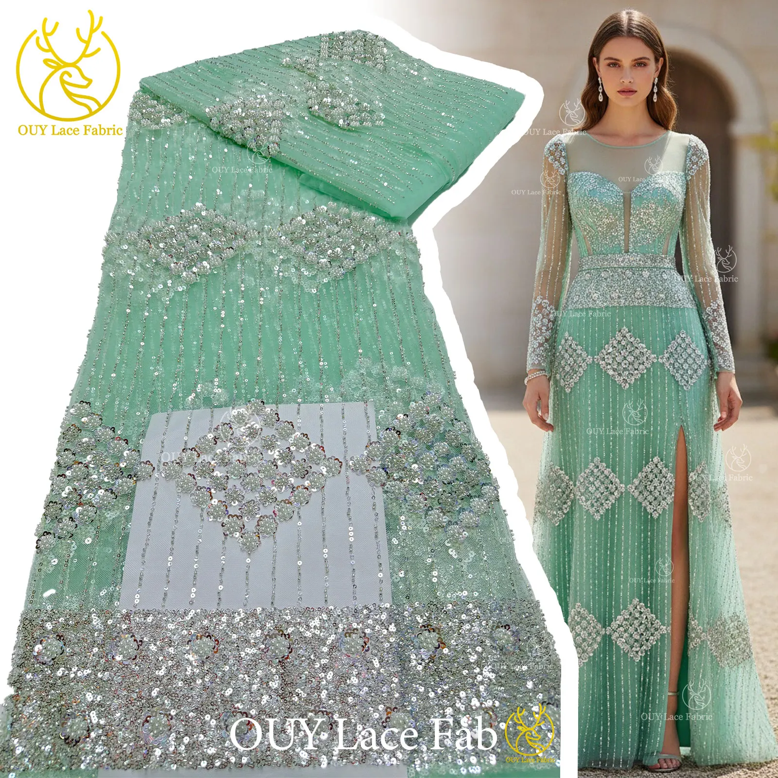 

Elegant Fashion African Beaded Sequins Lace Fabric 2026 New Design French Nigerian Tulle Lace Fabric For Prom Party Dress 5Yards