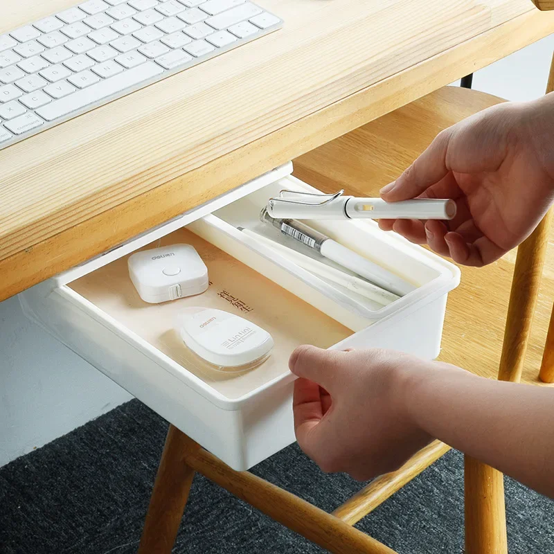 Cajón autoadhesivo debajo del escritorio, caja de almacenamiento oculta, organizador de maquillaje, estuche de papelería escolar autoadhesivo, bandeja para lápices, portalápices