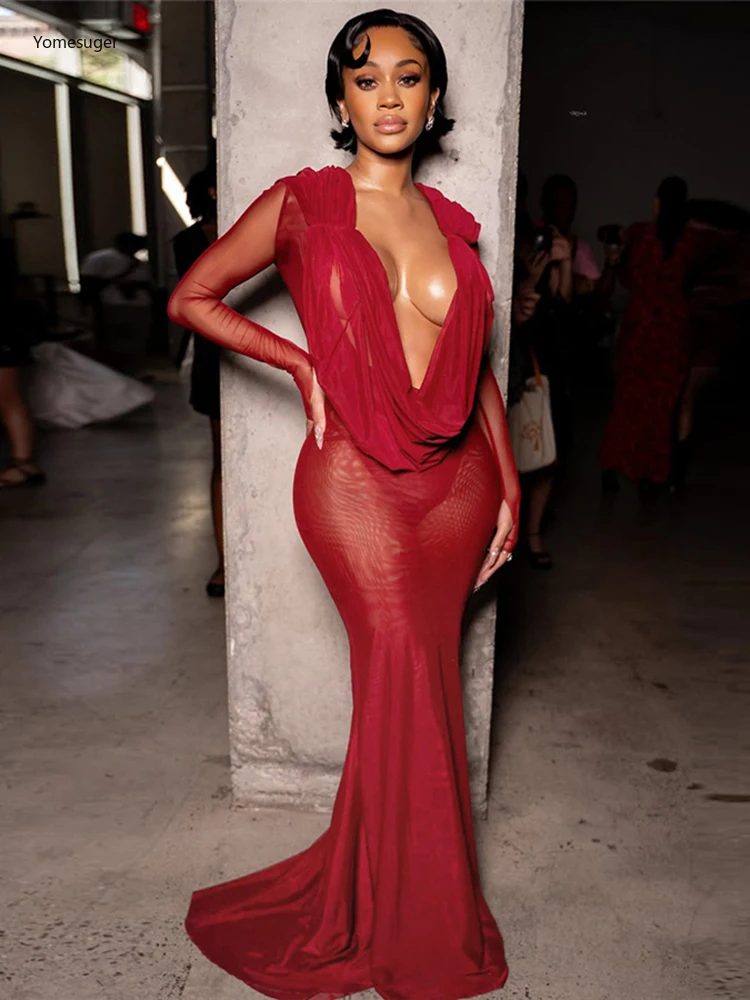 Yomesugar Sexy Mesh See Through Maxi Dress Women Elegant Deep V-neck Ruched Full Sleeve Bodycon Birthday Prom Party Clubwear