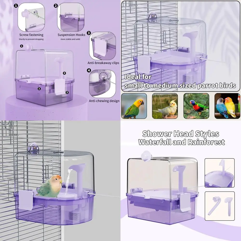 

Automatic Bird Baths for Cage – Indoor Parakeet Bath with Pump, Bird Shower with 2 Modes Running Water, Bird Cage Accessory for