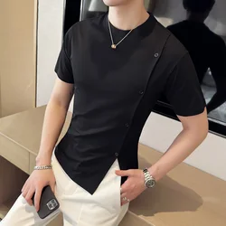 2023 Summer Button Decoration T-shirts Men Short Slleeve Slim Appear Thin O-neck Tee Tops Casual Streetwear T Shirt Men Clothing