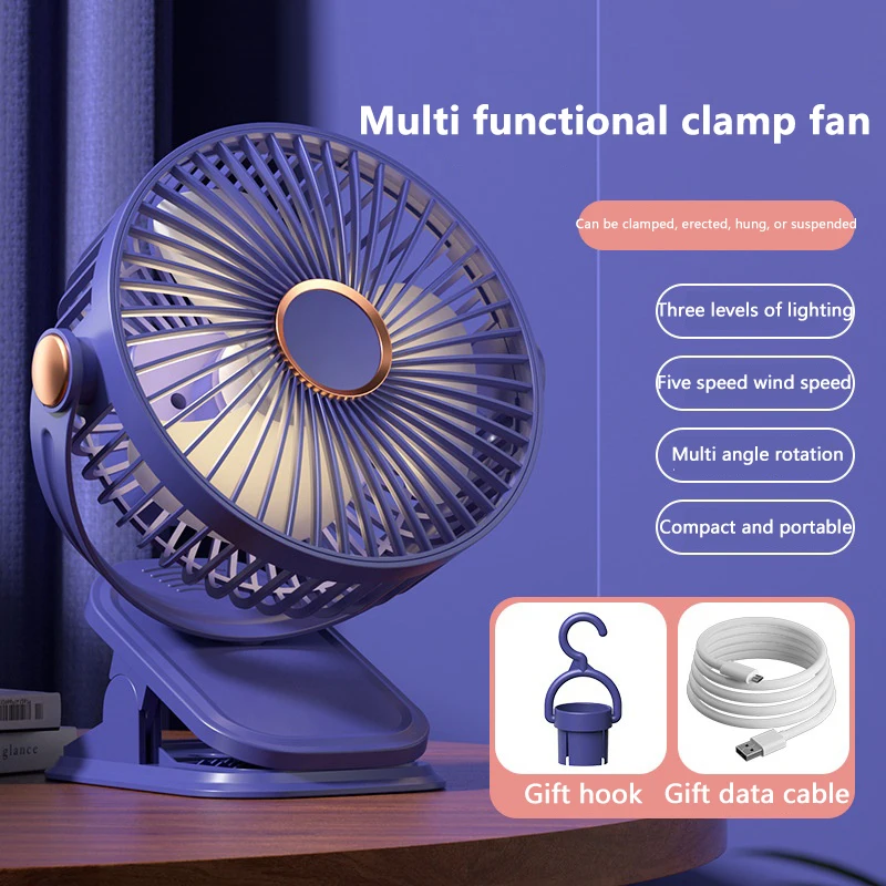 Mini ventilatore portatile con clip Ventilatore elettrico da tavolo silenzioso USB ricaricabile per la casa Campeggio Ufficio Ventilatore da soffitto wireless Luce notturna a LED