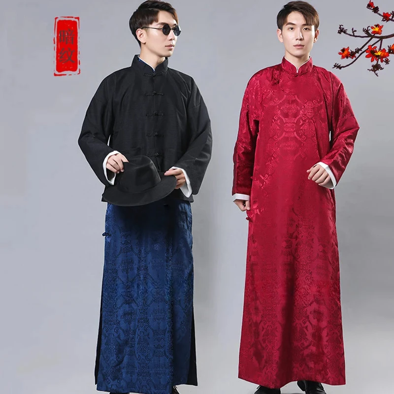 

4Colors Men Chinese Traditional Style Tang Suit Long Robes Crosstalk Stage Costume Groomsman Retro Red Print Qipao Dress Gown