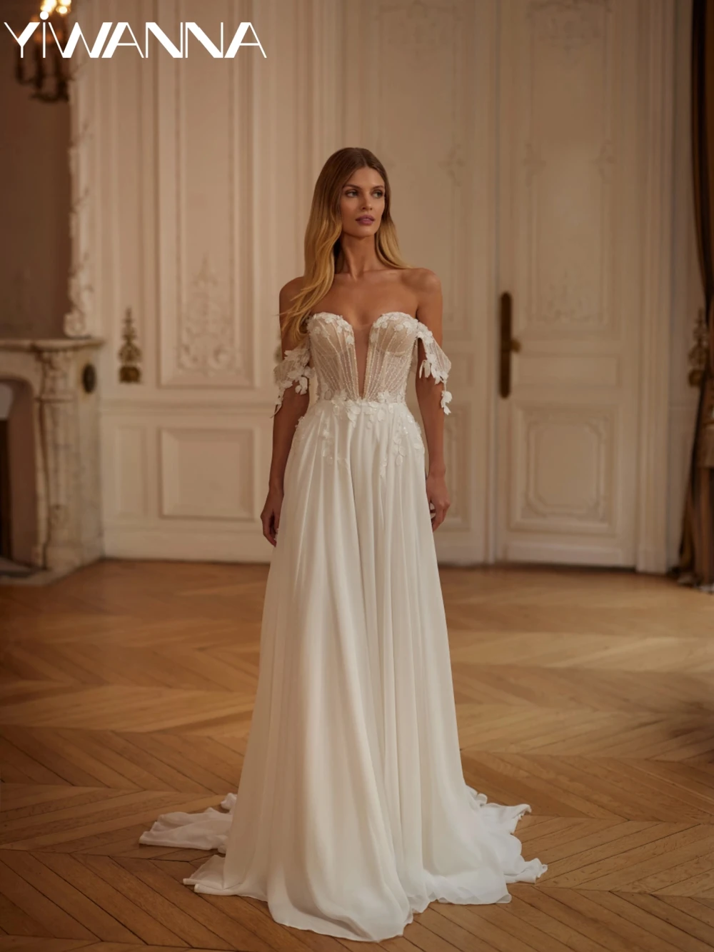 

New Beaded Chiffon A-line Long Wedding Dress V-neck Off Shoulder Bridal Gown Customized Charming Backless Dresses For Bride