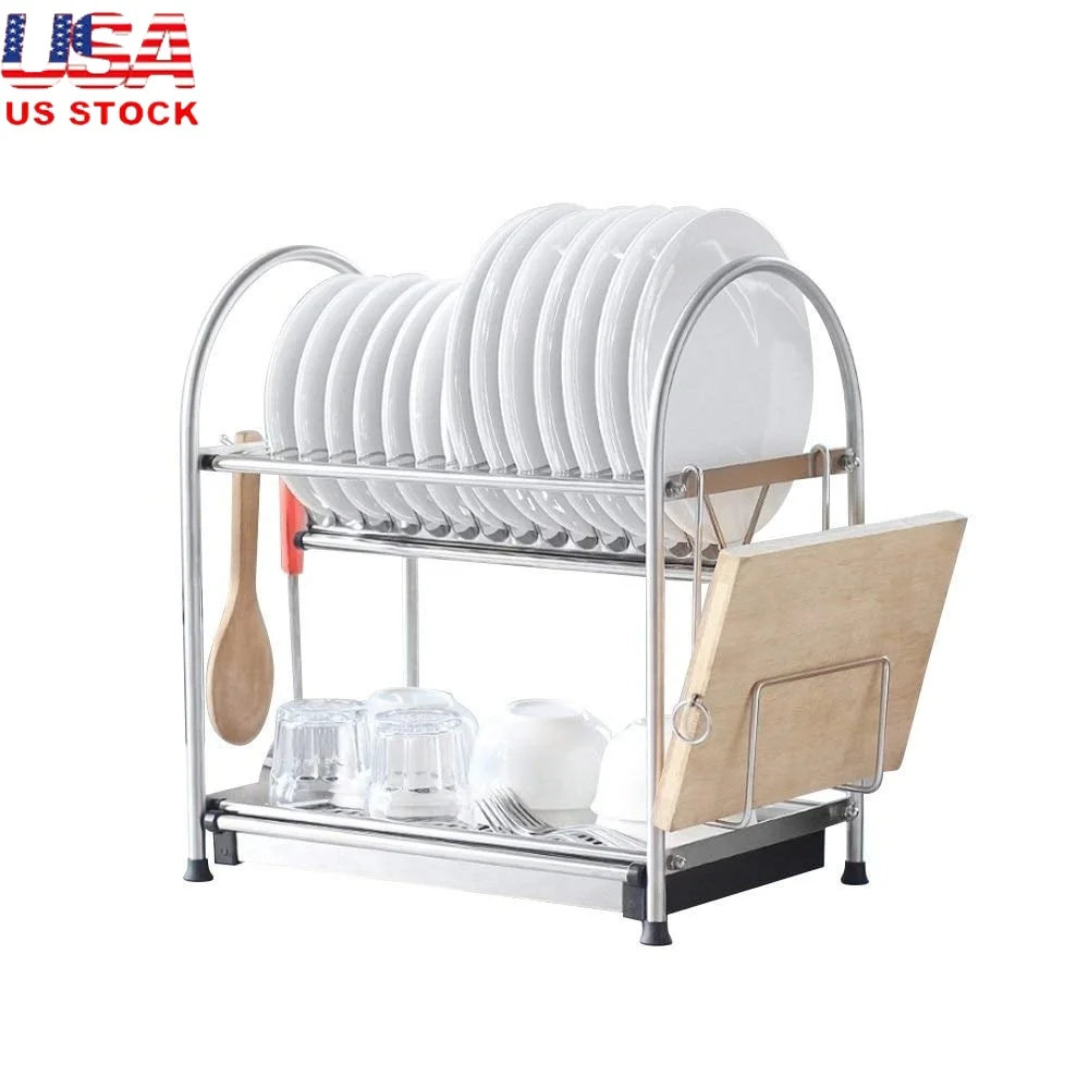 

2-Tier Stainless Steel Dish Rack with Adjustable Feet Draining Tray Cutting Board Holder Utensil Drainer Kitchen Storage
