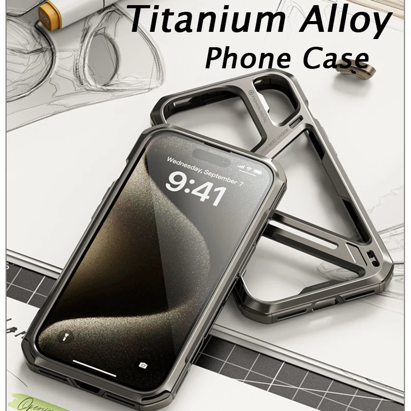 Titanium Legering Mechanische Holle Telefoon Hoes Voor Iphone 14 15 Pro Max Luxe Metalen Verwijderbare Shell Schokbestendige Telefoonhoes