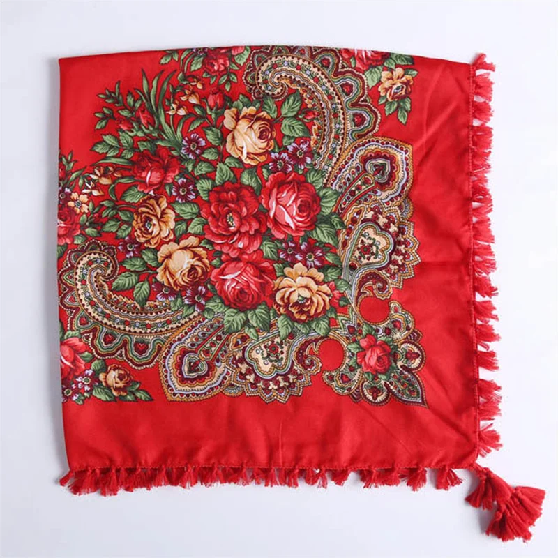 90*90cm Women Russian Scarf Retro Floral Print Square Bandana Shawl Female Fringed Ukrainian Shawl Babushka Handkerchief Wraps