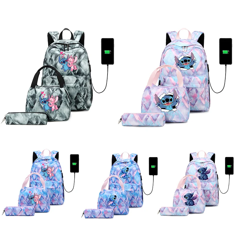 

Disney Lilo Stitch 3Pcs/Set Teenager Boys Girls Travel Casual Backpacks Sets Backpack Men Women USB Charging Bookbag Mochila