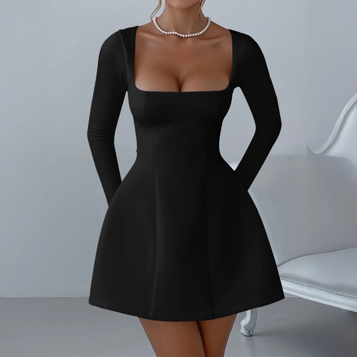 กระโปรงทรงเอเข้ารูปเอวสูงผ้าถักโพลีเอสเตอร์สำหรับฤดูใบไม้ร่วงและฤดูหนาว