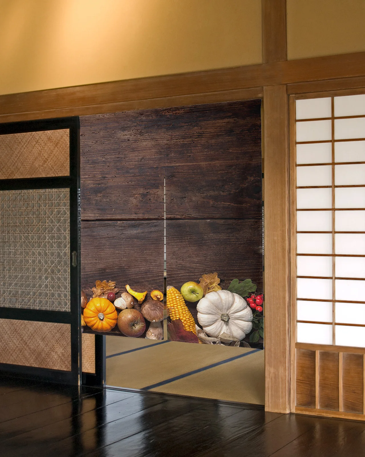 Pumpkin Corn On Wooden Board Short Kitchen Door Curtain Japanese Style Cafe Restaurant Decoration Partition Curtain