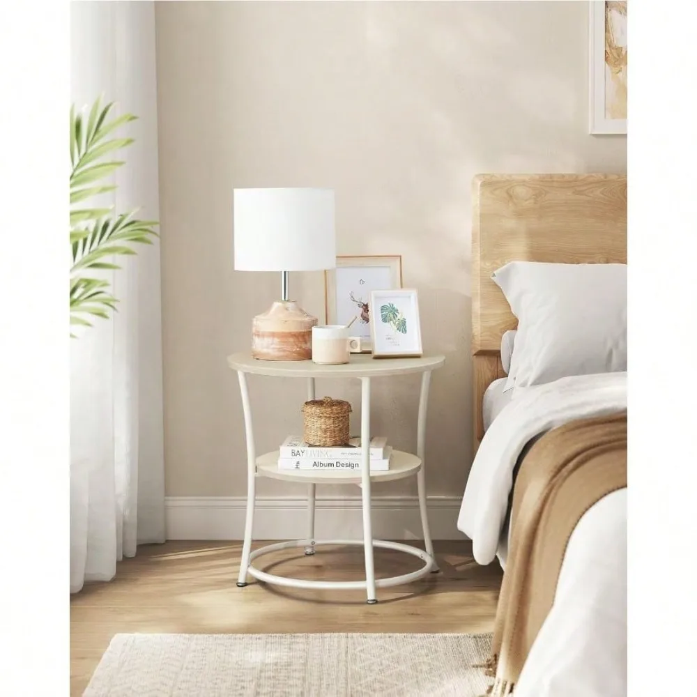 

Table, Round End Table With 2 Storage Shelves For Living Room, Bedroom, Nightstand With Steel Frame For Small Space
