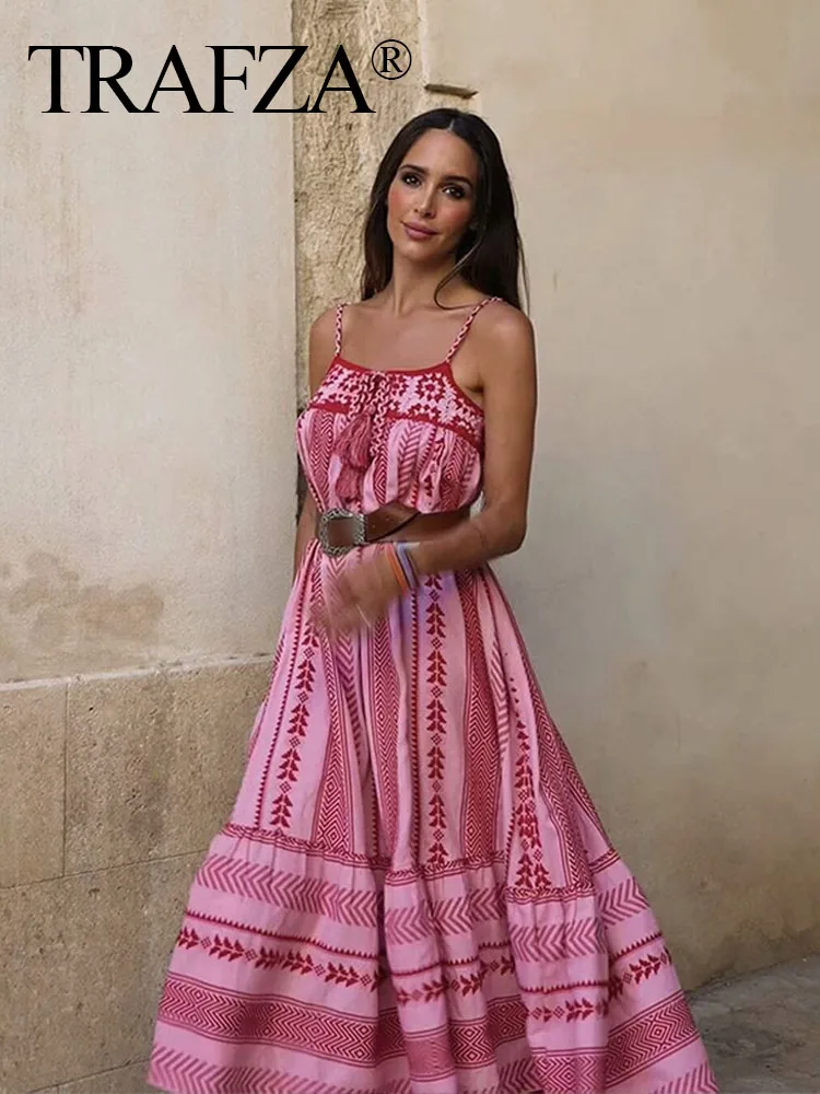 TRAFZA 2024 Female Pink Embroidery Dress Square Collar Sleeveless Backless Long Summer Dresses Woman Beach Style Women\'s Dress