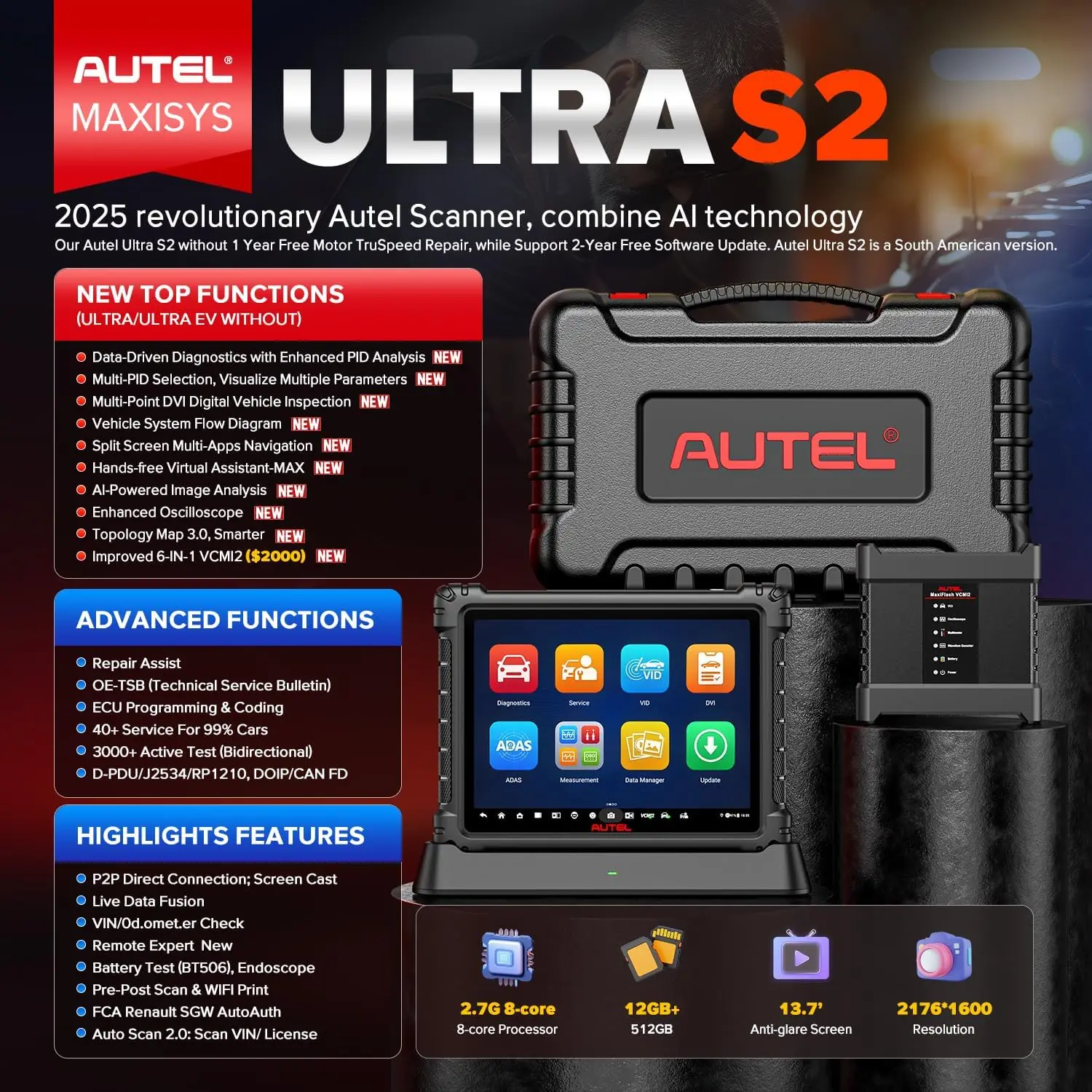 

Autel MaxiSYS Ultra S2 Scanner 2026 UltraS2 Upgrade MSUltra MS919 6in1 VCMI2 3 0 Topology Multi Point DVI Motor Truspeed EV Test