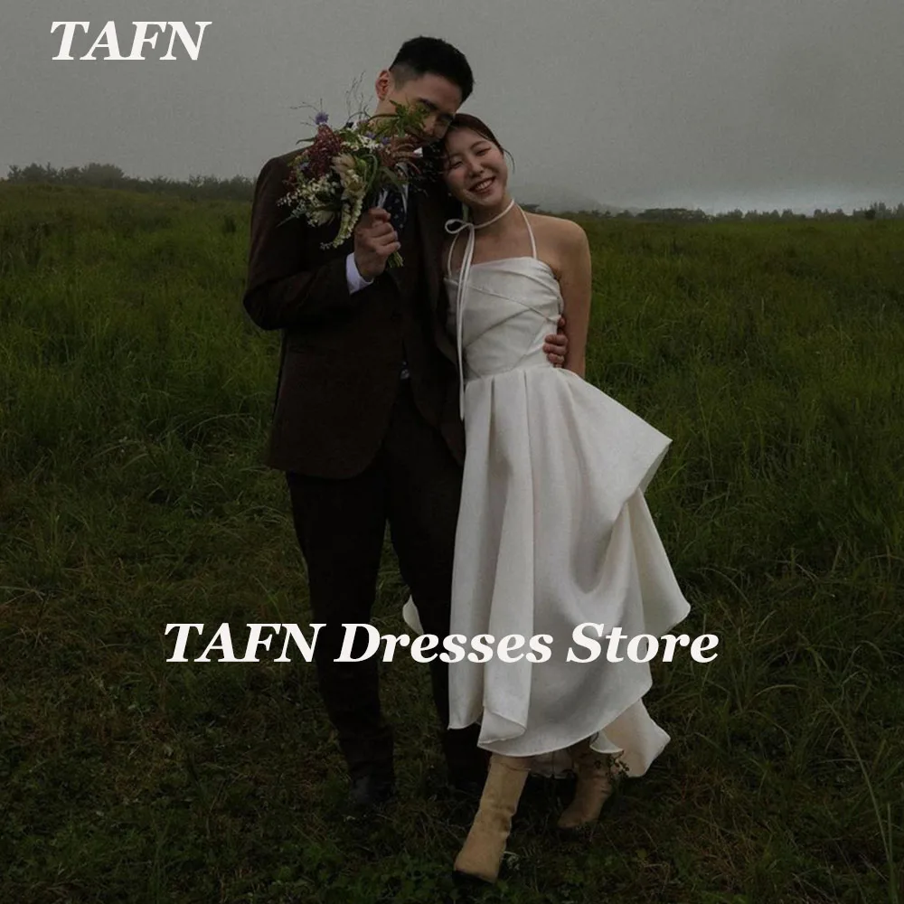 TAFN Korea Wedding Reception Dresses Photo Shoot Halter A-line Draped Bridal Gown Simple Soft Satin Evening Dresses