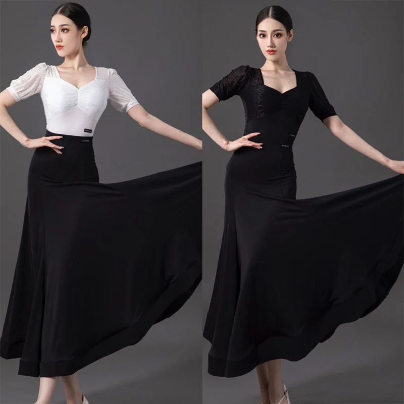 

Adult Women Ballroom Dance Clothes Short Sleeves Tops Black Ballroom Skirt Latin Dance Costume Waltz Dance Practice Dress L11105