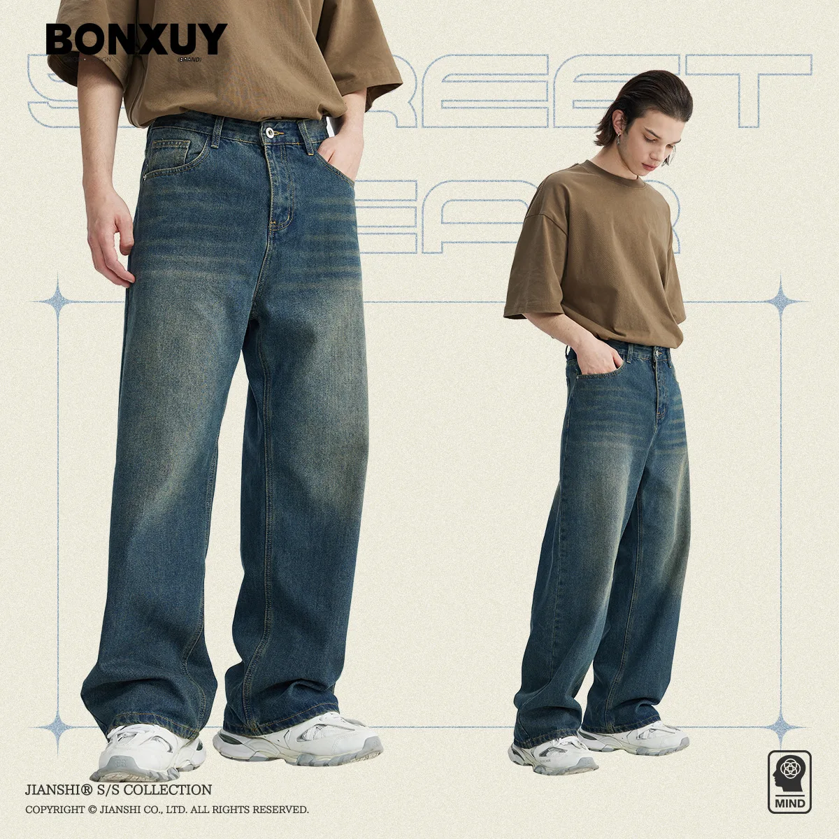 

BONXUY Retro cat whiskers washed old mid-waist baggy jeans men's new American tide simple versatile straight casual pants