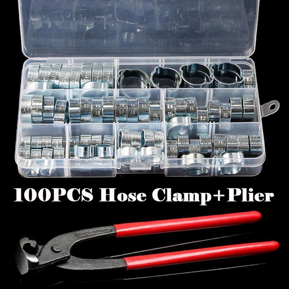 

100PCS Hose Clamp Double Ear O Clip Air Fuel Hose Petrol Pipe Tube Clamp 5-20MM with 1PC Hose Clamp Plier