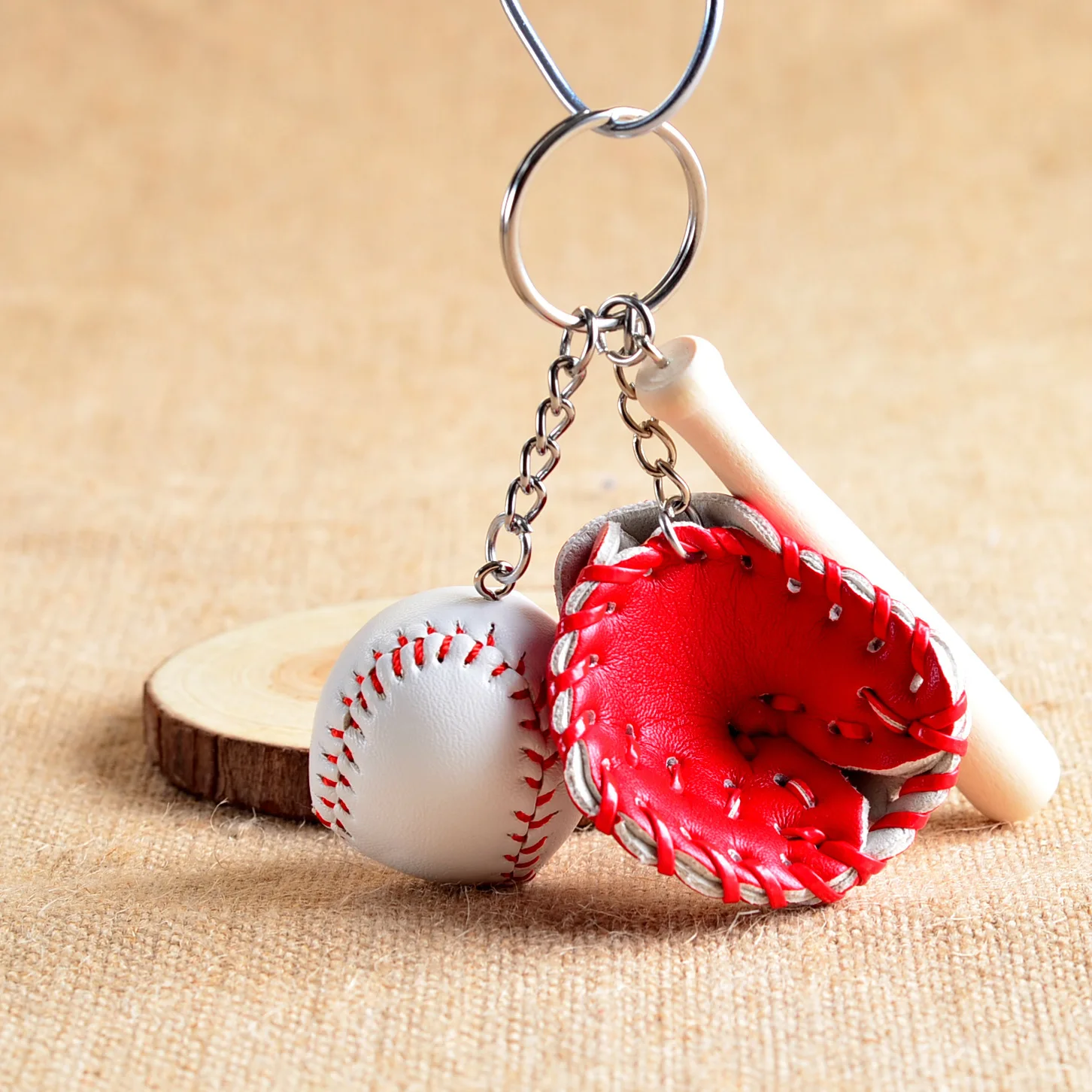 Mini Three-piece Baseball glove wooden bat keychain sports Car Key Chain Key Ring Gift For Man Women wholesale 1-17168 view 3
