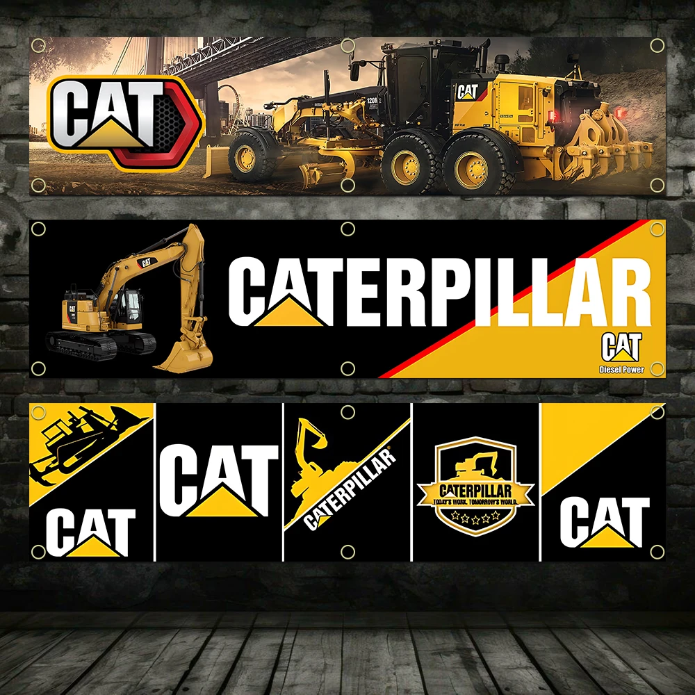 60X240cm Banner Excavator Flag Polyester Printed Garage Wall Art Outdoor Decorations C-Caterpillars Tapestry With Brass Grommets