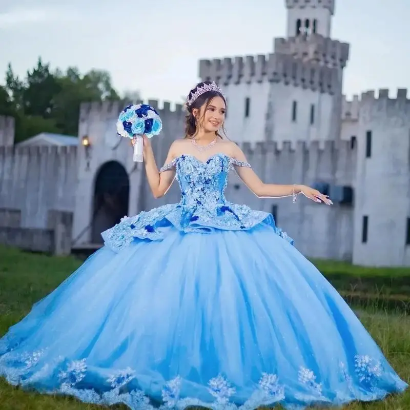 

Light Blue Quinceanera Dresses Beading Ball Gown 3D Flowers Ruffles Organza Vestidos De 15 Años Customized