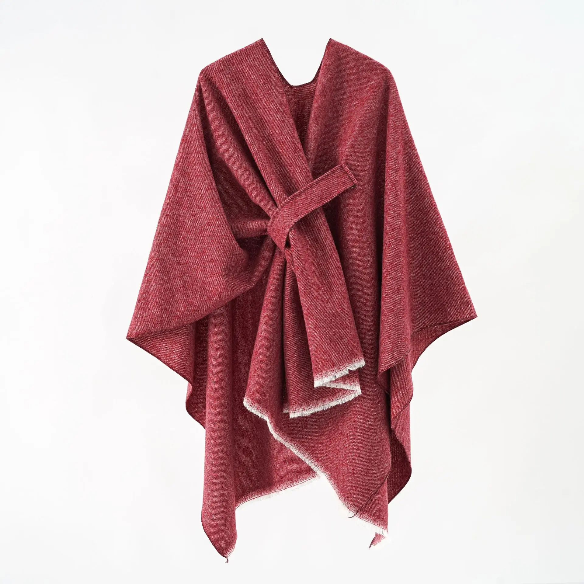 A woman\'s plain-colored shawl with stripes and a split imitation cashmere shawl cape