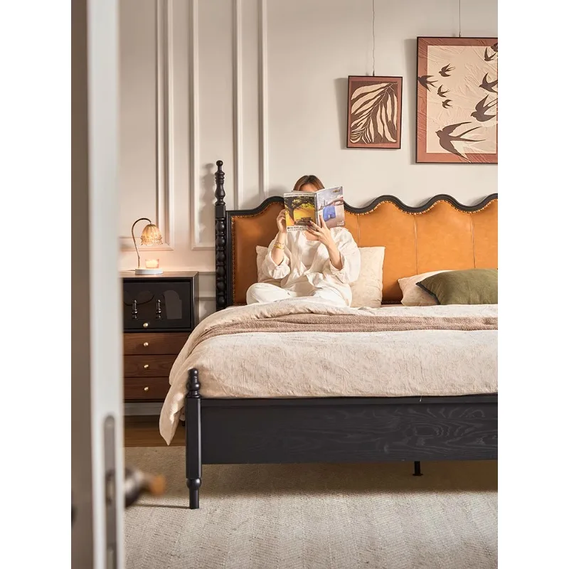 French retro bed double solid wood  soft bag leather  master bedroom ripple