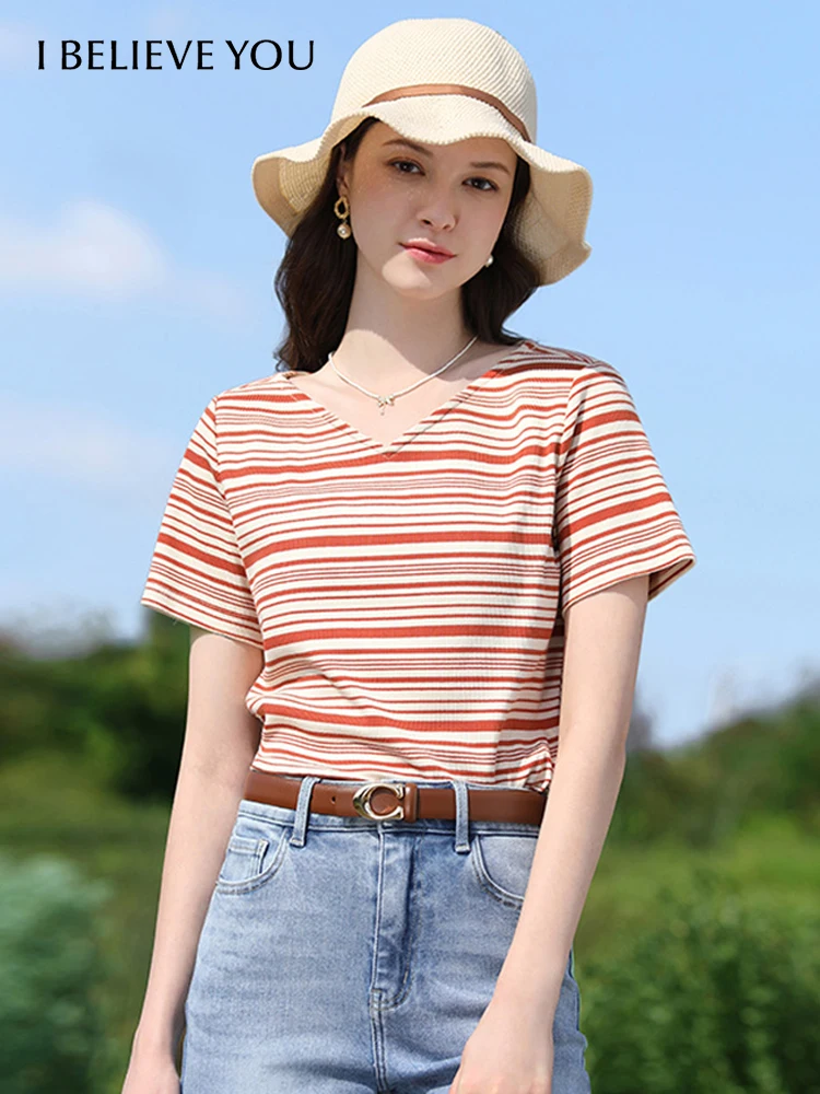 I BELIEVE YOU Striped T-Shirt For Women 2024 Summer New Slim V-neck Short Sleeve Chic Gentle Elegant Casual Lady Tops 2242015611